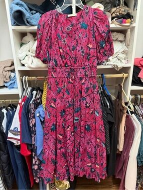Ulla Johnson Magenta Floral Puff-Sleeve Midi Dress